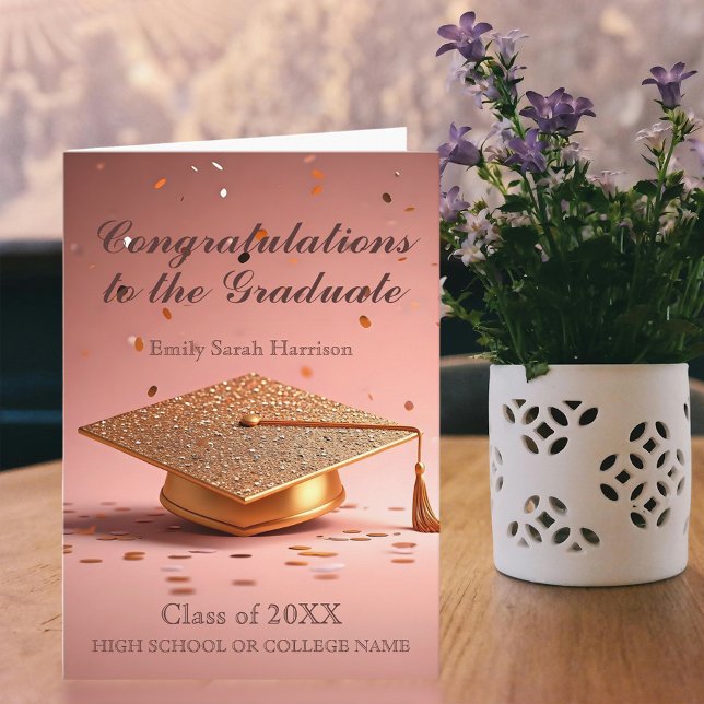 Elegant Gold Graduation Cap with Confetti on Pink Card (Creator Uploaded)