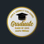 Elegant Gold Graduation Custom Graduate Name Tag 6 Cm Round Badge<br><div class="desc">This elegant gold graduation name tag button features your high school or college graduate name and school in chic,  bold typography surrounding a modern black grad cap. Great party favours for the senior class.</div>