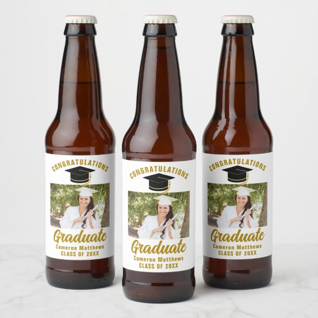 Elegant Gold Graduation Party Personalised Photo Beer Bottle Label (Bottles)