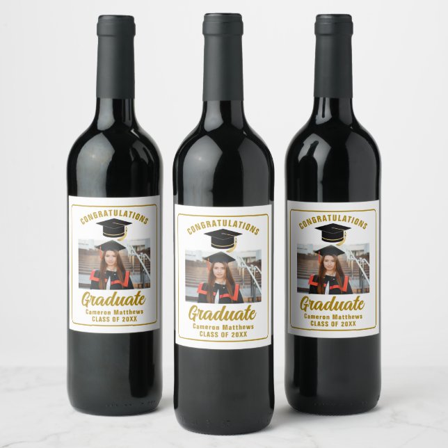 Elegant Gold Graduation Party Personalised Photo Wine Label (Bottles)
