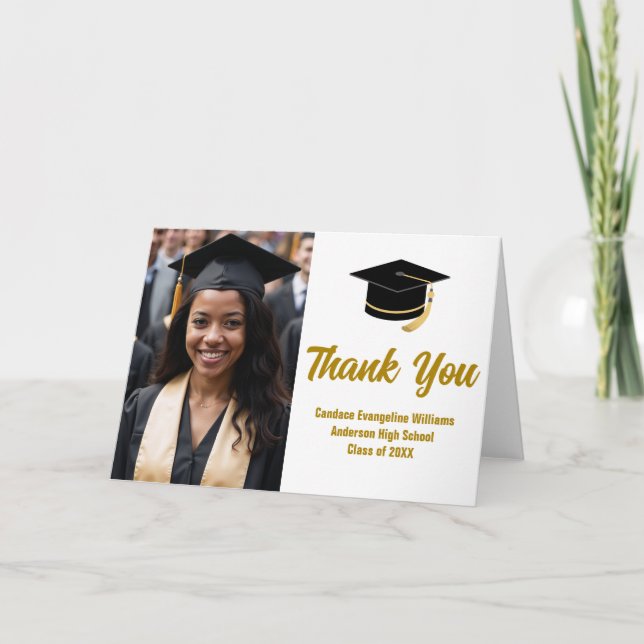 Elegant Gold Graduation Photo Personalised Thank You Card (Front)