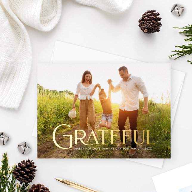 Elegant Gold Grateful Family Photo Foil Holiday Card (Creator Uploaded)