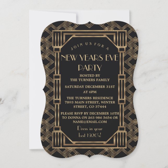 Elegant Gold Great Gatsby 1920s New Year Party Invitation (Front)