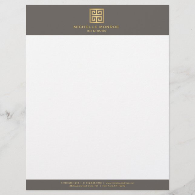 Elegant Gold Greek Key Interior Designer Taupe Customised Letterhead (Front)