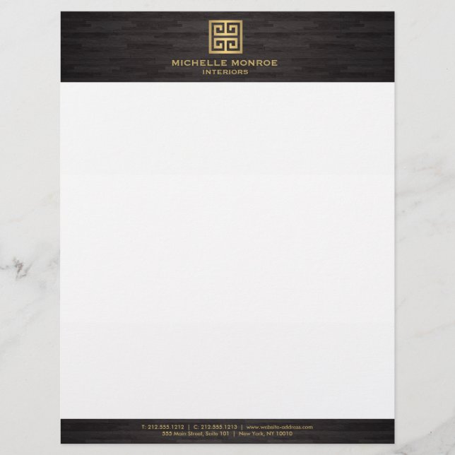 Elegant Gold Greek Key Interior Designer Woodgrain Customised Letterhead (Front)