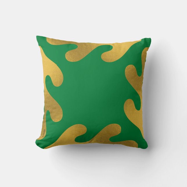 Elegant Gold Green Abstract Leaf Pattern Cushion (Front)