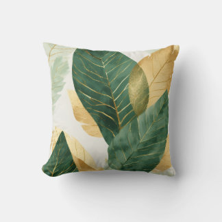 Elegant Gold & Green Botanical Leaves Throw Pillow