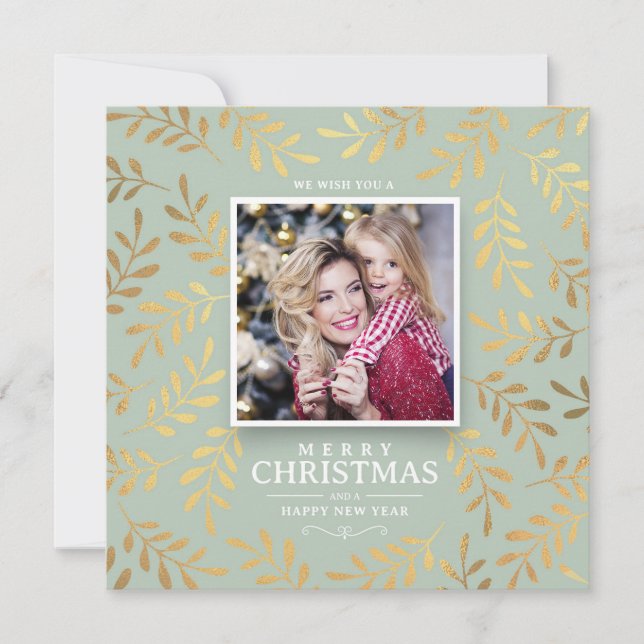 Elegant Gold Green Christmas Photo Holiday Card (Front)