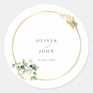Elegant Gold Green Eucaliptus Wedding  Classic Rou Round Sticker