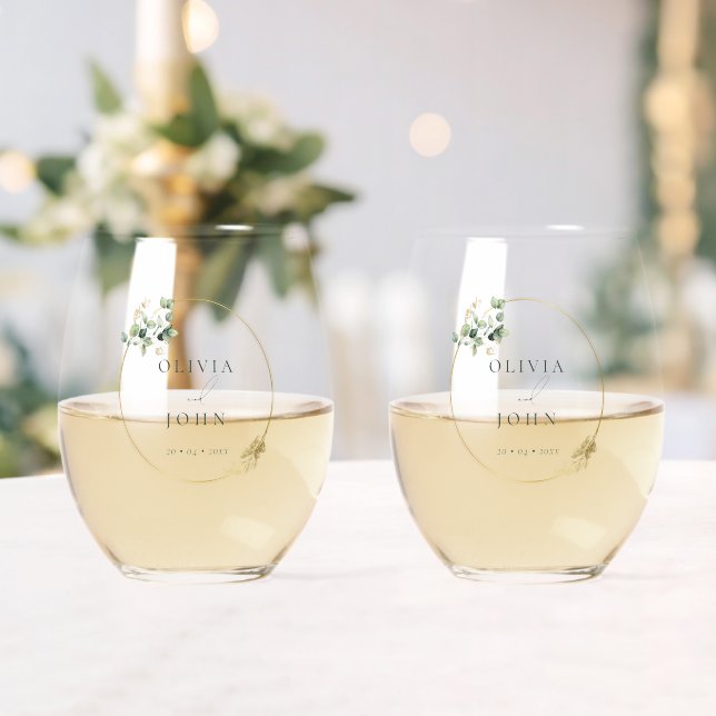 Elegant Gold Green Eucaliptus Wedding  Stemless Wine Glass (Insitu (Wedding))