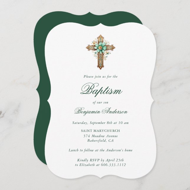 Elegant Gold Green Floral Cross Boy Baptism Invitation (Front/Back)