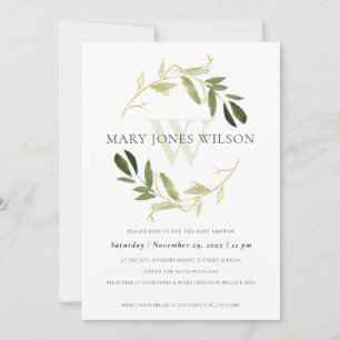 ELEGANT GOLD GREEN FOLIAGE WREATH BABY SHOWER CARD