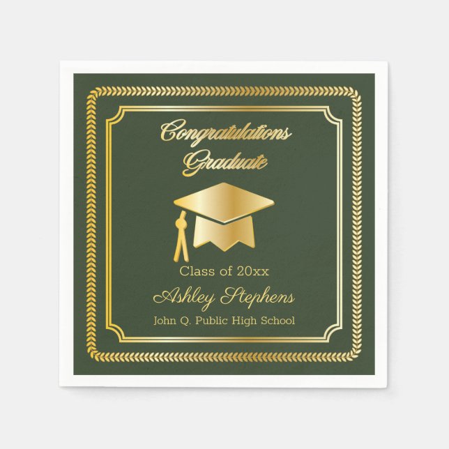 Elegant Gold | Green Grad Cap Class of 2023 Napkin (Front)