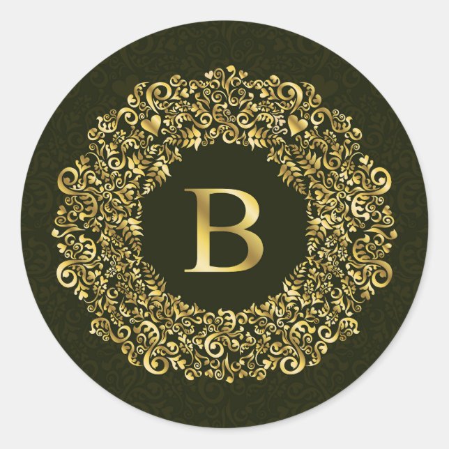 Elegant gold Green Initial B Damask Monogram  Classic Round Sticker (Front)