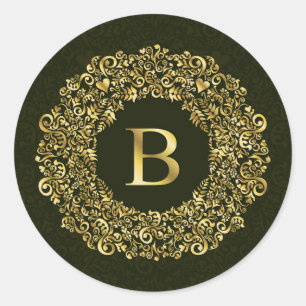 Elegant gold Green Initial B Damask Monogram  Classic Round Sticker