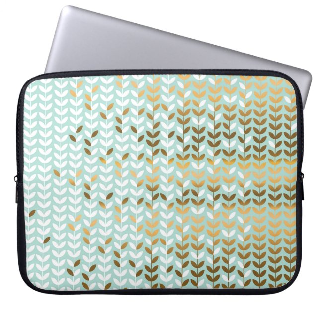 Elegant Gold Green Leaf Pattern Laptop Sleeve (Front)