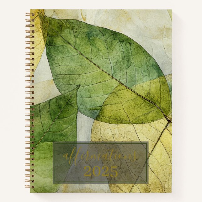 Elegant Gold Green Leaves 2025 Affirmations Notebook (Front)