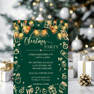 Elegant Gold Green,Lights Company Christmas Party Invitation
