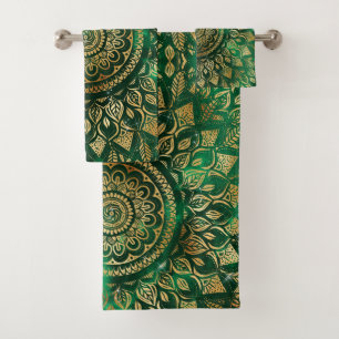 Elegant Gold Green Mandala Floral Bath Towel Set