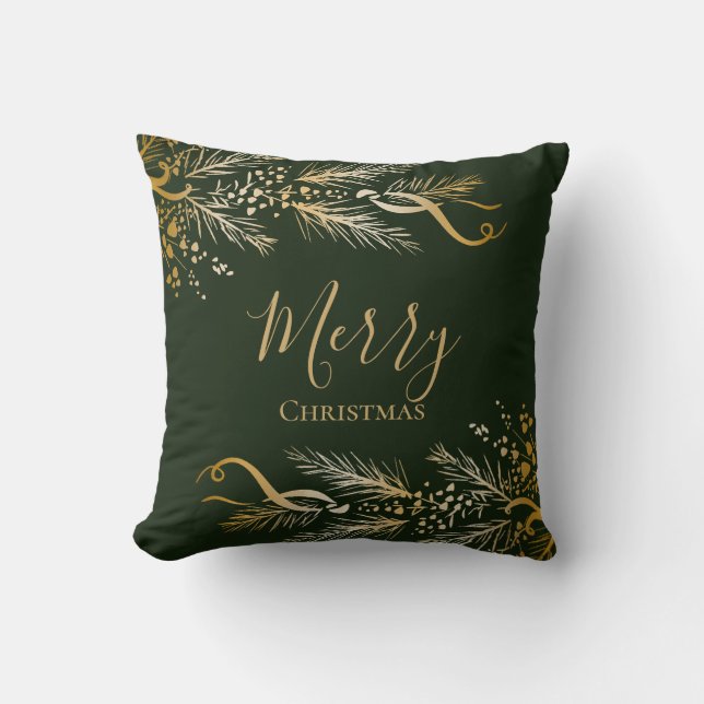Elegant Gold Green Personalised Merry Christmas Cushion (Front)