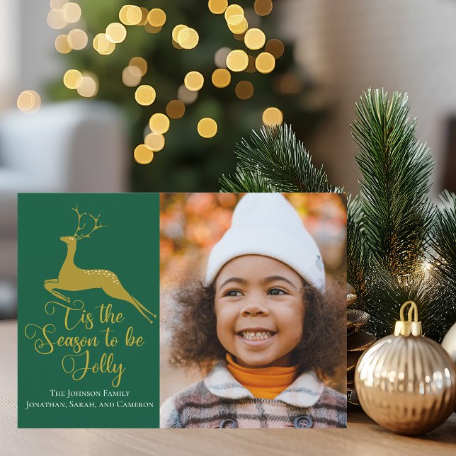 Elegant Gold Green Reindeer Christmas Family Photo Holiday Card (Creator Uploaded)