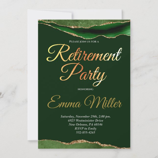 Elegant Gold Green Retirement Party Invitation (Front)