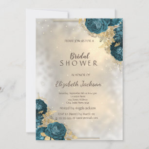 Elegant Gold Green Roses Bridal Shower Invitation