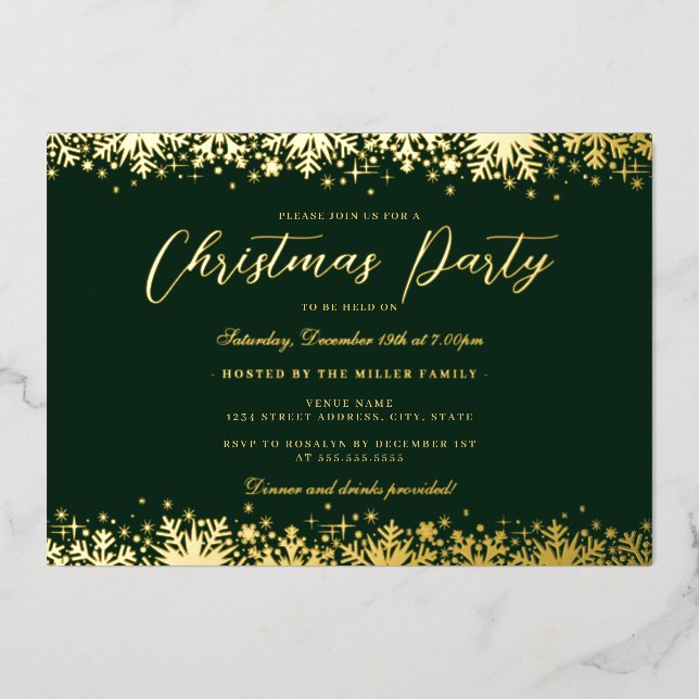 Elegant Gold Green Snowflake Christmas Party (Front)