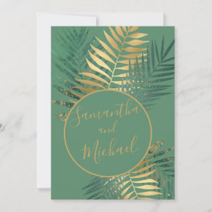 Elegant Gold & Green Tropical Plants Wedding Invitation