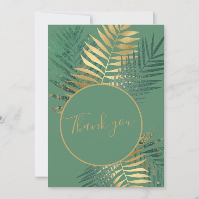 Elegant Gold & Green Tropical Plants Wedding Photo Thank You Card (Front)