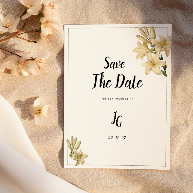 Elegant gold green white lily flower Save The Date Invitation (Elegant gold green white lily flower Save The Date)