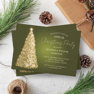 Elegant Gold Green Xmas Tree Sparkle Holiday Party Invitation