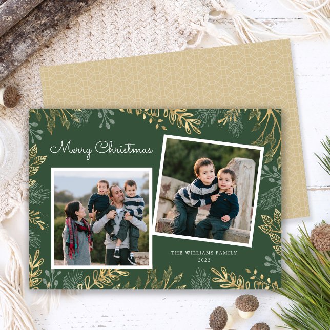 Elegant Gold Greenery 2 Photos Happy Holidays Holiday Card (Creator Uploaded)