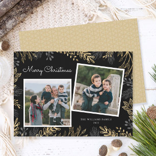 Elegant Gold Greenery 2 Photos Merry Christmas Holiday Card
