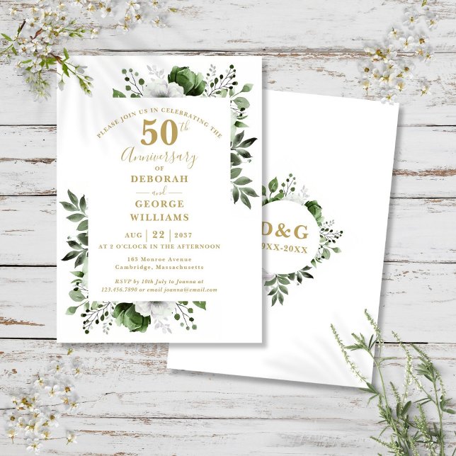 Elegant Gold Greenery 50th Wedding Anniversary  Invitation (Elegant Gold Greenery 50th Wedding Anniversary Invitation)