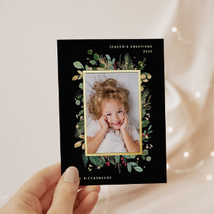 Elegant Gold Greenery   Black with Photo Foil Holiday Postcard