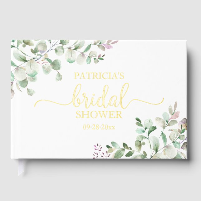 Elegant Gold Greenery Bridal Shower  Guest Book (Front)