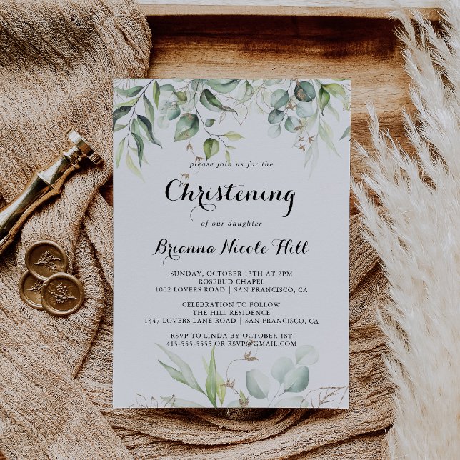 Elegant Gold Greenery Calligraphy Christening Invitation (Creator Uploaded)