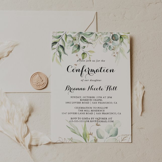 Elegant Gold Greenery Calligraphy Confirmation Invitation (Creator Uploaded)