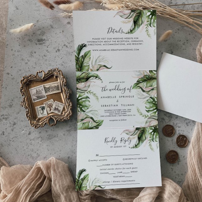 Elegant Gold Greenery Calligraphy Wedding Tri-Fold Invitation (Creator Uploaded)