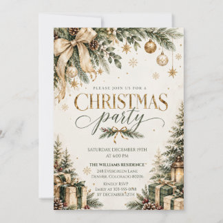 Elegant Gold Greenery Christmas Party  Invitation