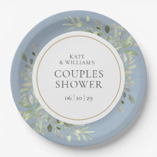 Elegant Gold Greenery Dusty Blue Couples Shower Paper Plate