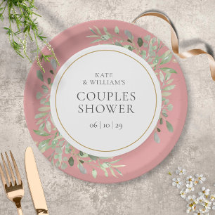 Elegant Gold Greenery Dusty Rose Couples Shower Paper Plate