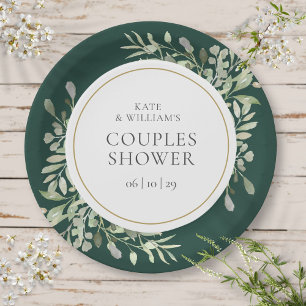 Elegant Gold Greenery Emerald Green Couples Shower Paper Plate