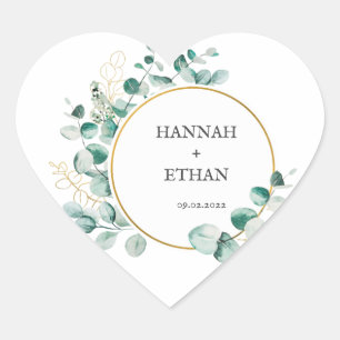 Elegant Gold Greenery Eucalyptus Personalised Heart Sticker