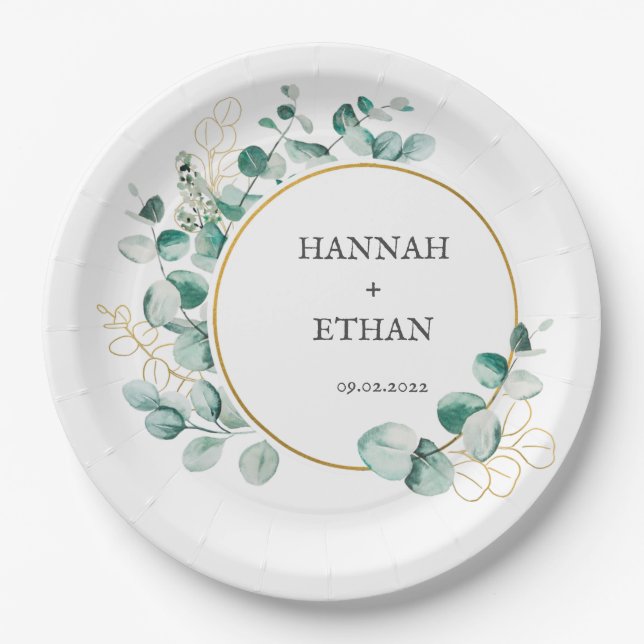 Elegant Gold Greenery Eucalyptus Personalized   Paper Plate (Front)