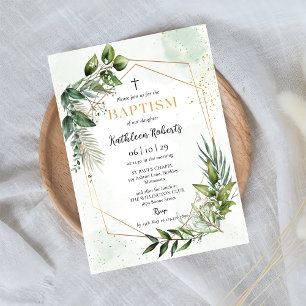 Elegant Gold Greenery Floral Foliage Baptism Invitation