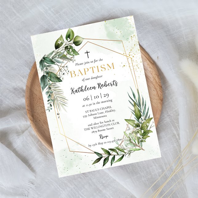 Elegant Gold Greenery Floral Foliage Baptism Invitation (Creator Uploaded)