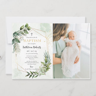 Elegant Gold Greenery Floral Foliage Baptism Photo Invitation