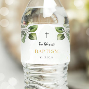 Elegant Gold Greenery Floral Foliage Baptism Water Bottle Label